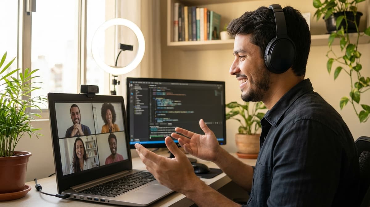 Developer confidently speaking on video call
